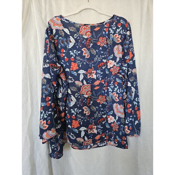 Womens 1X Navy, Rust Red, Faux Embroidery Fall Floral Tunic Top - Picture 5 of 9